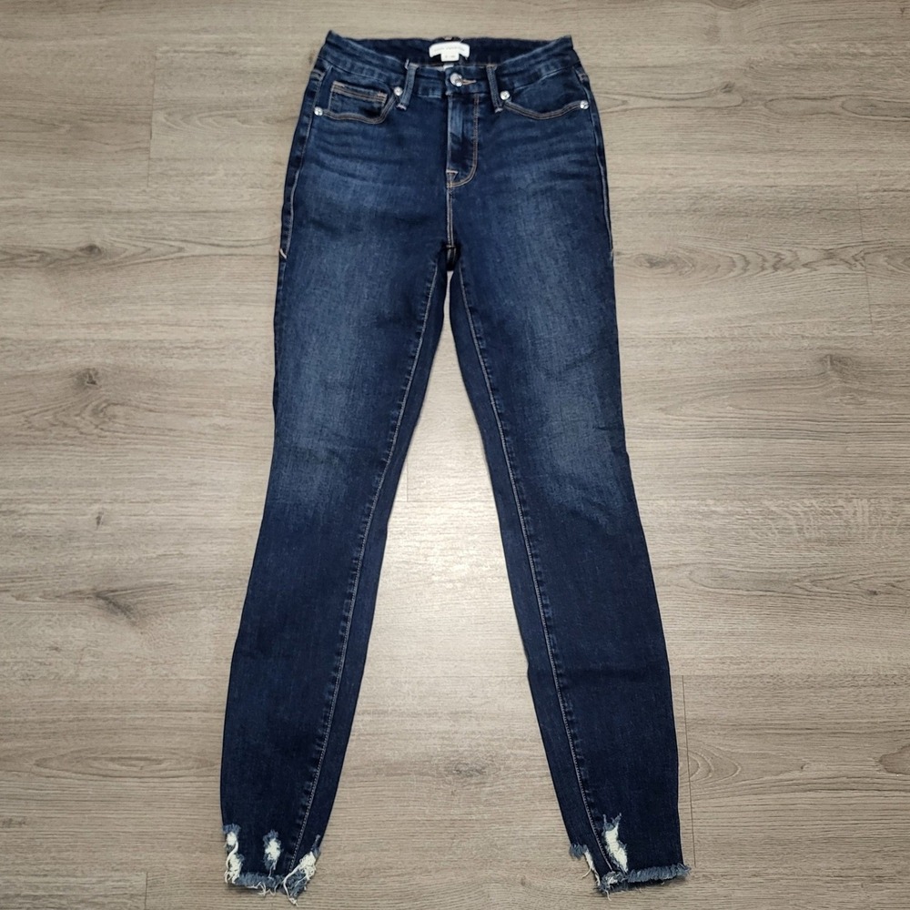 Good American Good Legs High Rise Skinny Jeans Dark Wash Chewed Hem Frayed 2/26
